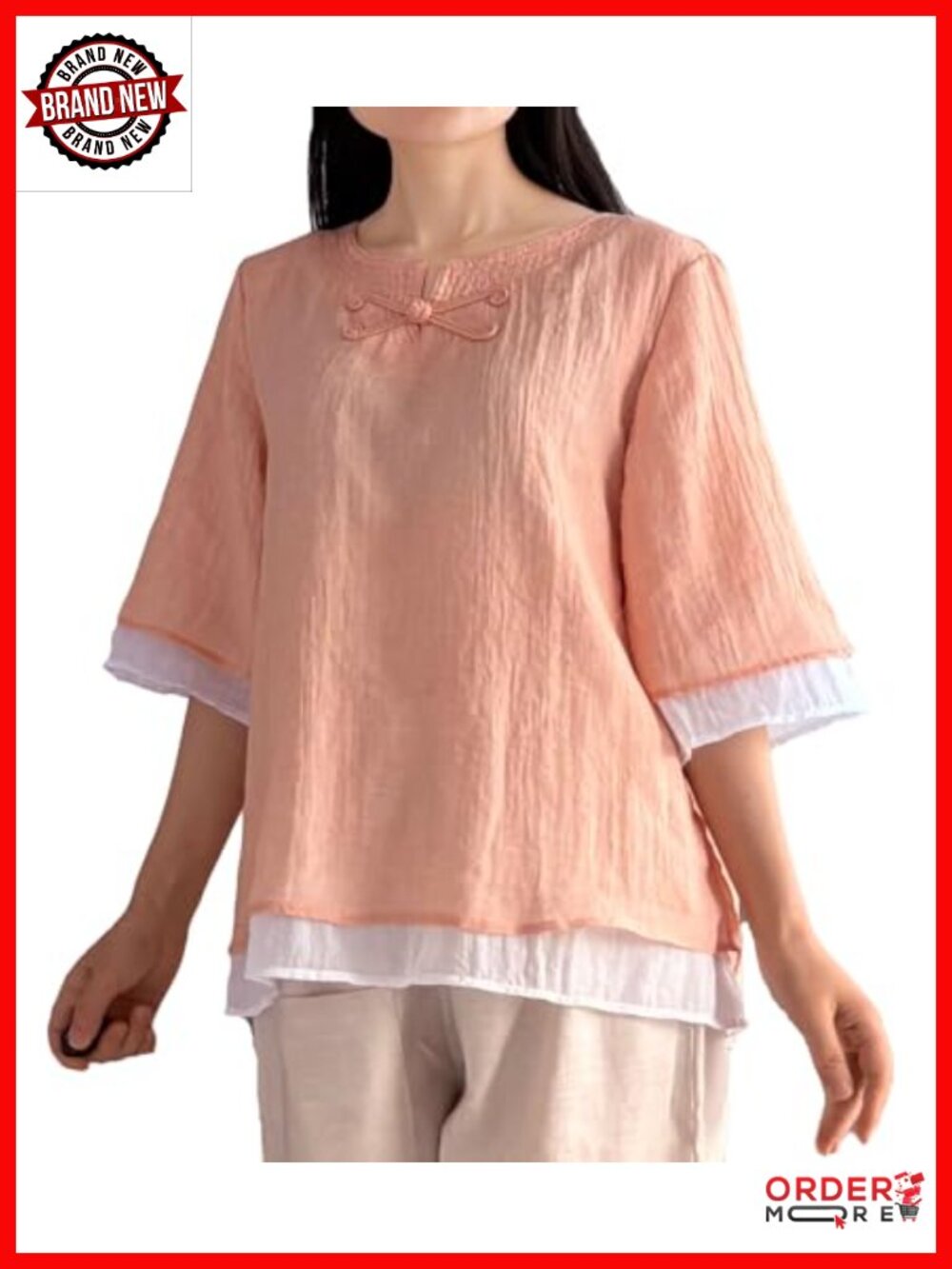 Cotton Linen Button Down Shirt with Frog Closures 3/4 Sleeve Blouse